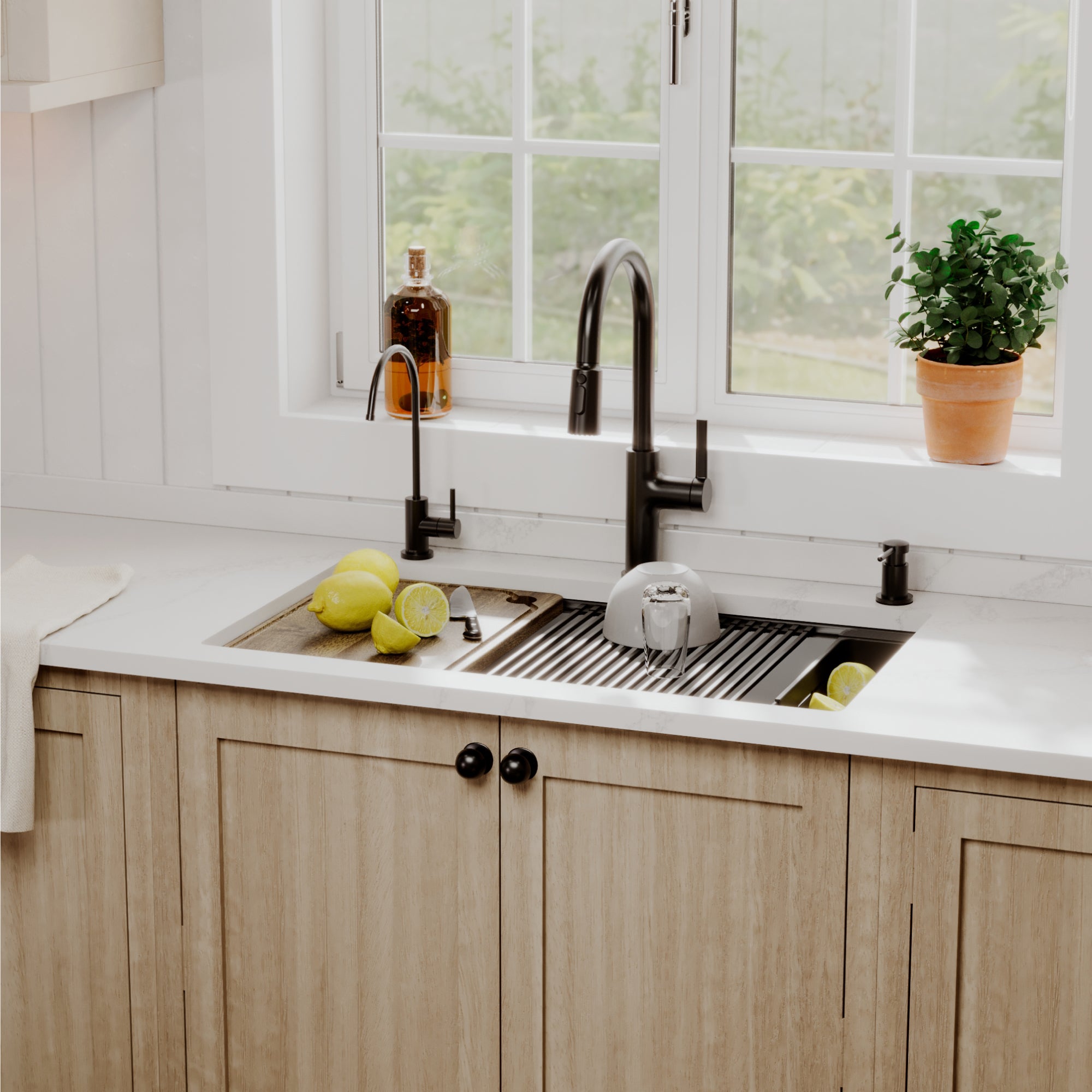 Karran 32 quartz composite workstation kitchen sink black lifestyle image