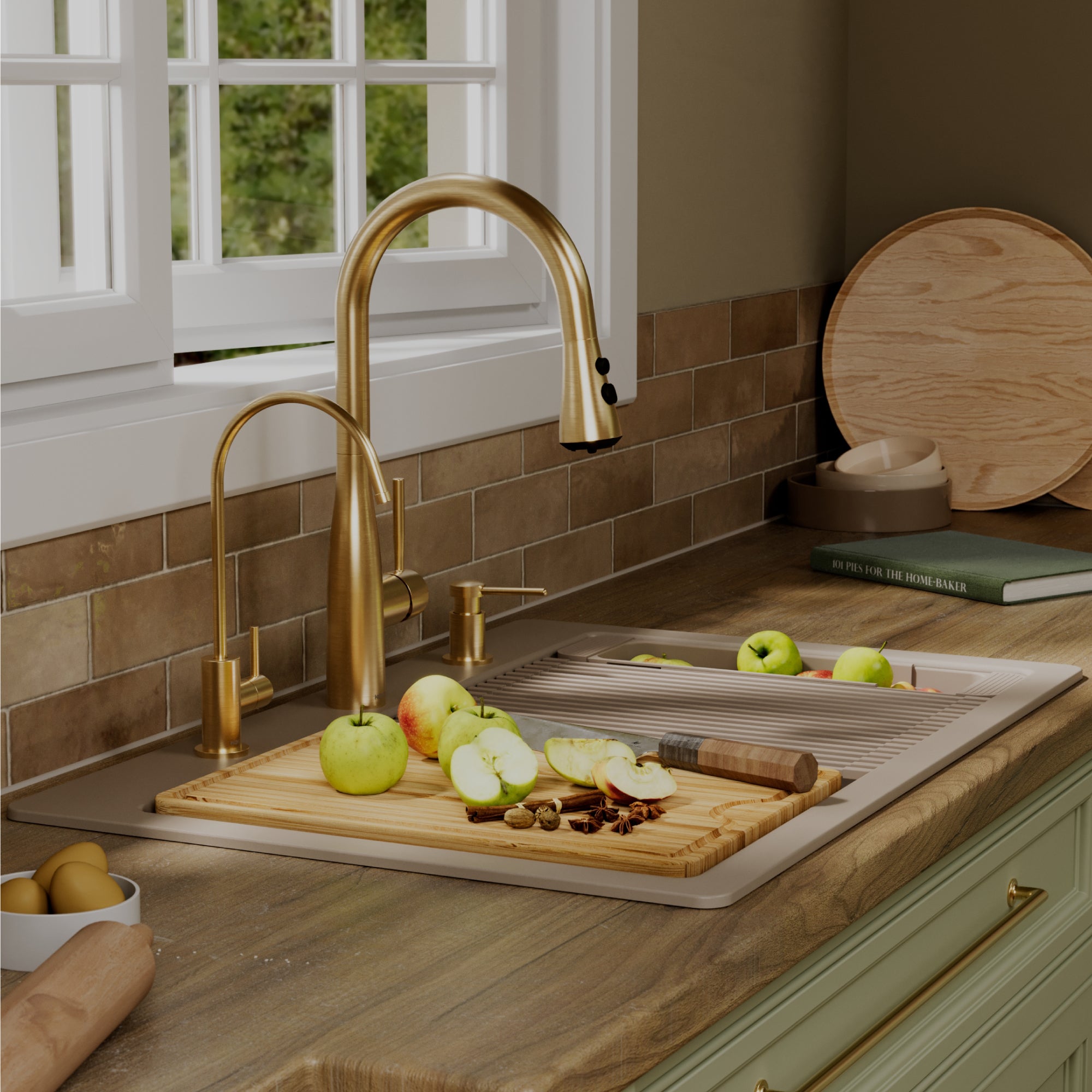 Karran 33 quartz composite workstation kitchen sink 50/50 double bowl concrete lifestyle image