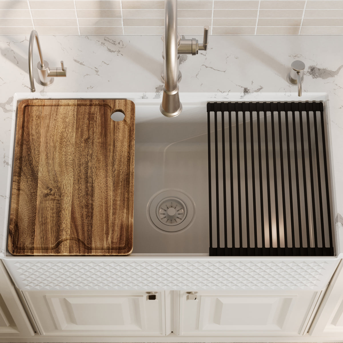 Alternative View of Karran Fireclay 33" Fireclay Workstation Farmhouse Sink with Accessories, White, FCWSD33SBWH-PK1