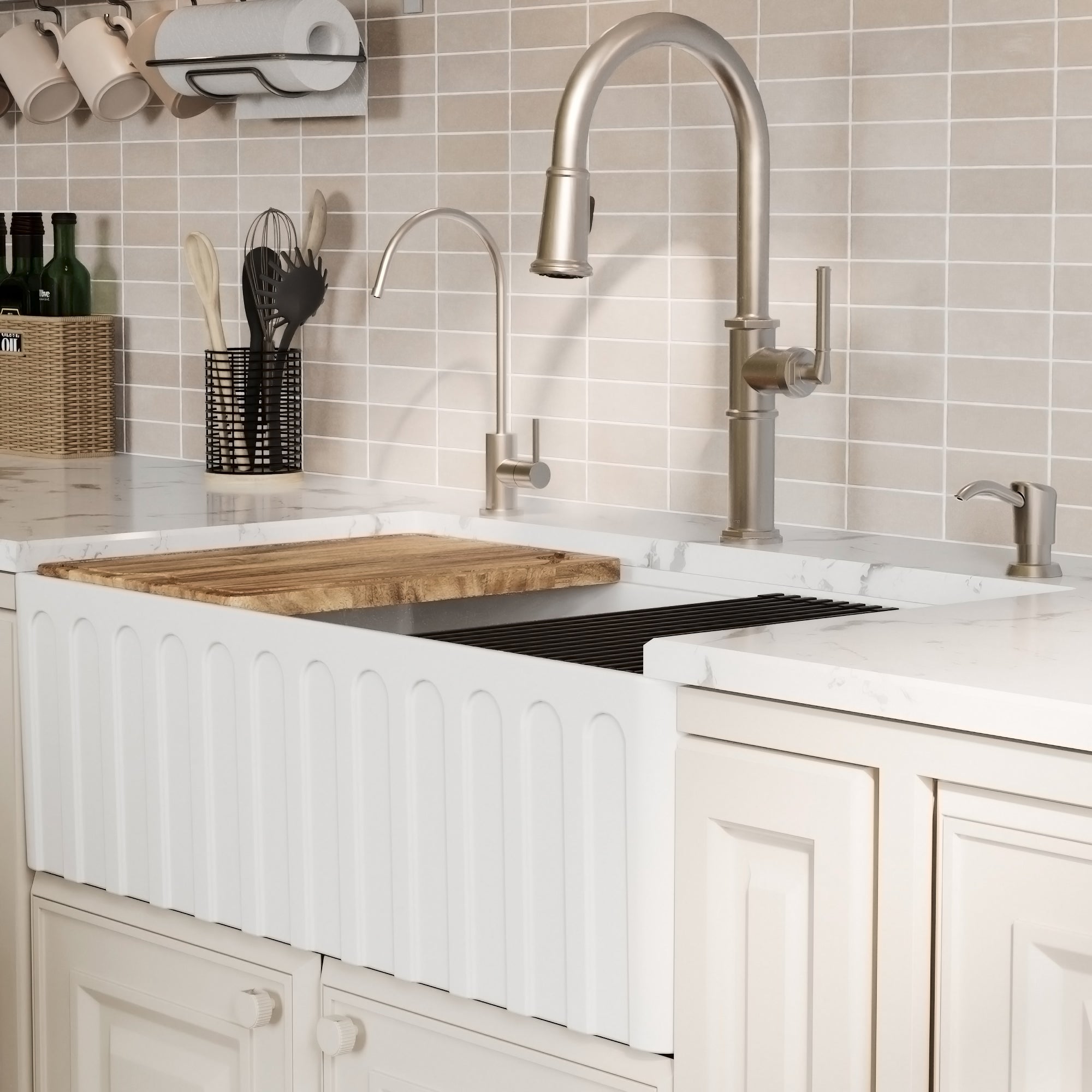 Alternative View of Karran Fireclay 33" Fireclay Workstation Farmhouse Sink with Accessories, White, FCWSF33SBWH-PK1