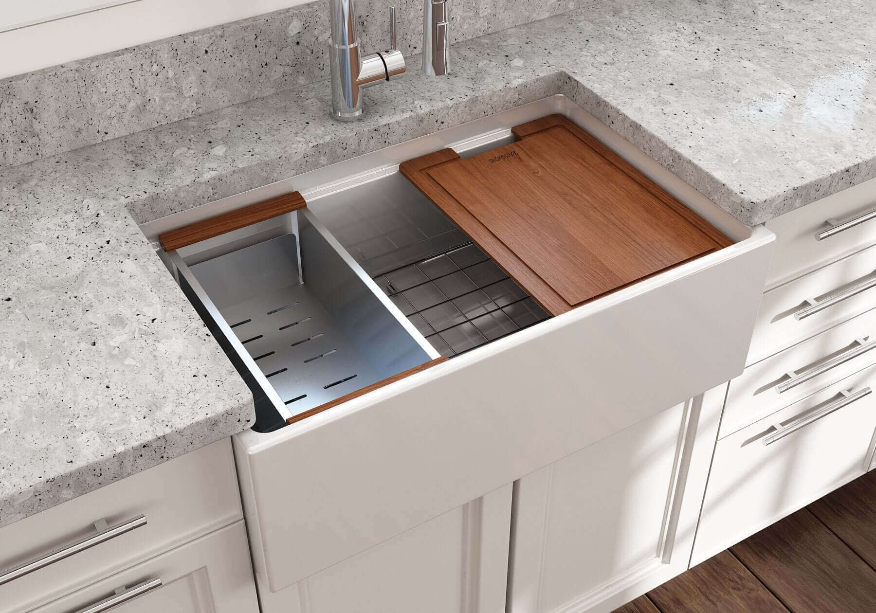BOCCHI Contempo 30" Fireclay Workstation Farmhouse Sink Kit with Faucet and Accessories, White (sink) / Chrome (faucet), 1344-001-2020CH