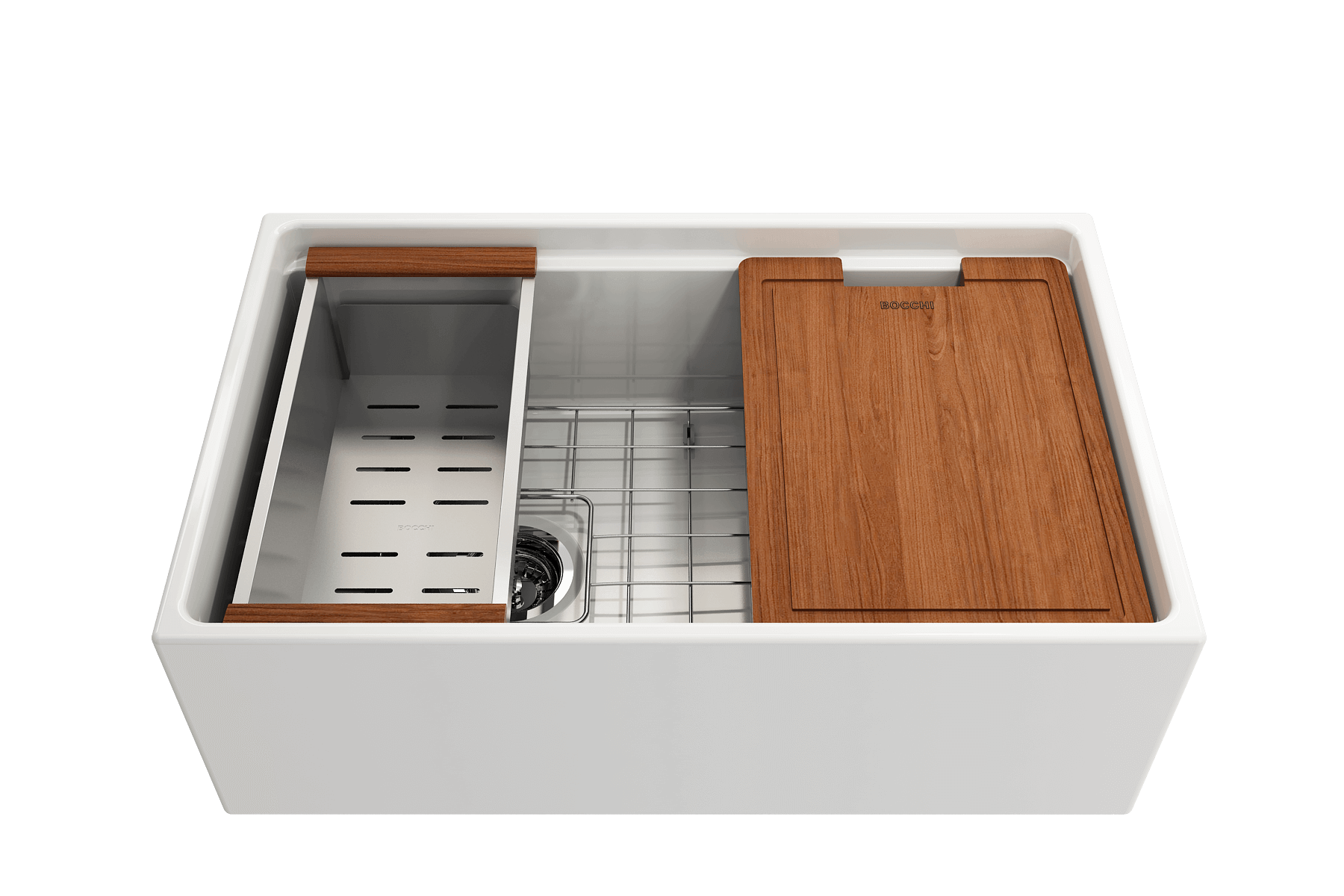 BOCCHI Contempo 30" Fireclay Workstation Farmhouse Sink Kit with Faucet and Accessories, White (sink) / Chrome (faucet), 1344-001-2020CH