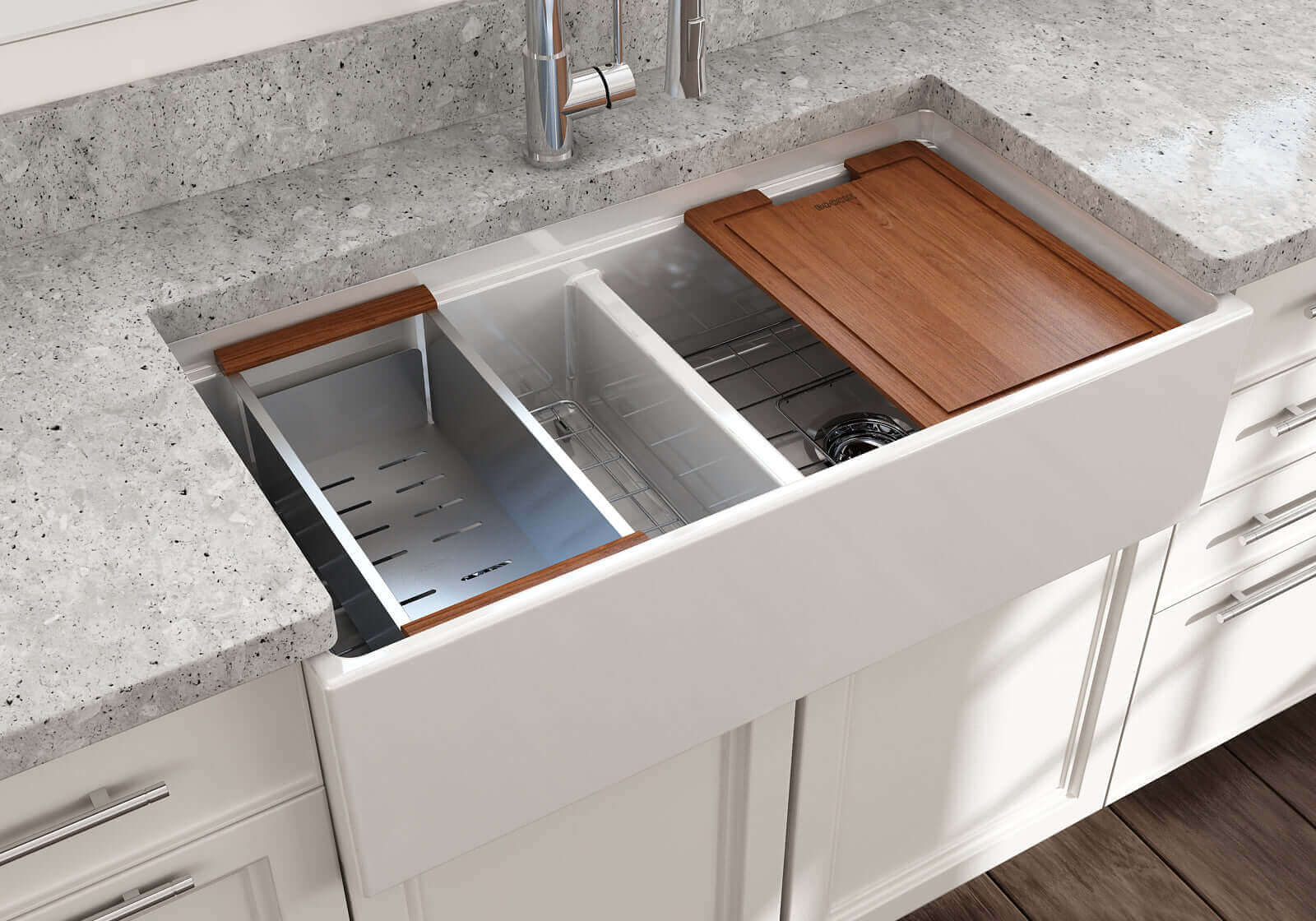 BOCCHI Contempo 36" White Fireclay Workstation Farmhouse Sink Kit with Stainless Steel Faucet and Accessories, 50/50 Double Bowl, 1348-001-2020SS