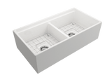BOCCHI Contempo 36" White Fireclay Workstation Farmhouse Sink Kit with Stainless Steel Faucet and Accessories, 50/50 Double Bowl, 1348-001-2020SS