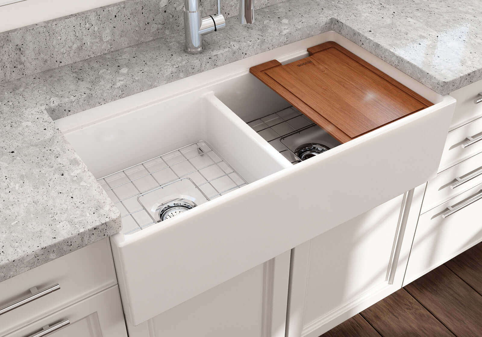 BOCCHI Contempo 36" White Fireclay Workstation Farmhouse Sink Kit with Stainless Steel Faucet and Accessories, 50/50 Double Bowl, 1348-001-2020SS
