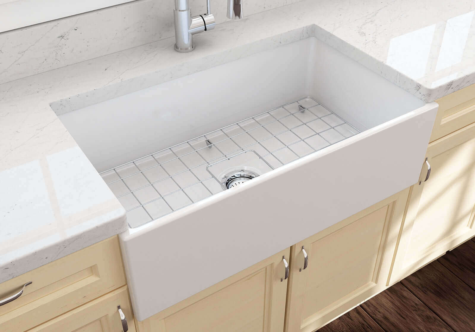 BOCCHI Contempo 33" Fireclay Farmhouse Sink Kit with Faucet and Accessories, White (sink) / Stainless Steel (faucet), 1352-001-2020SS