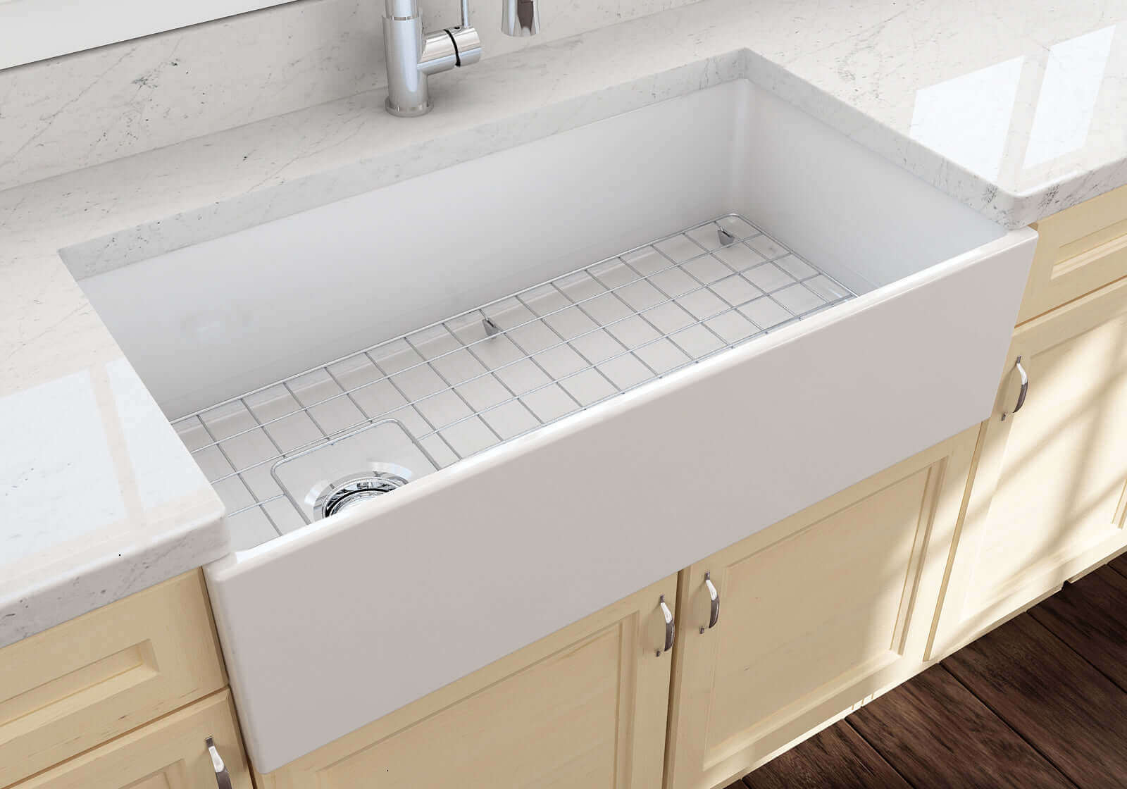 BOCCHI Contempo 36" Fireclay Farmhouse Sink Kit with Faucet and Accessories, White (sink) / Chrome (faucet), 1354-001-2020CH