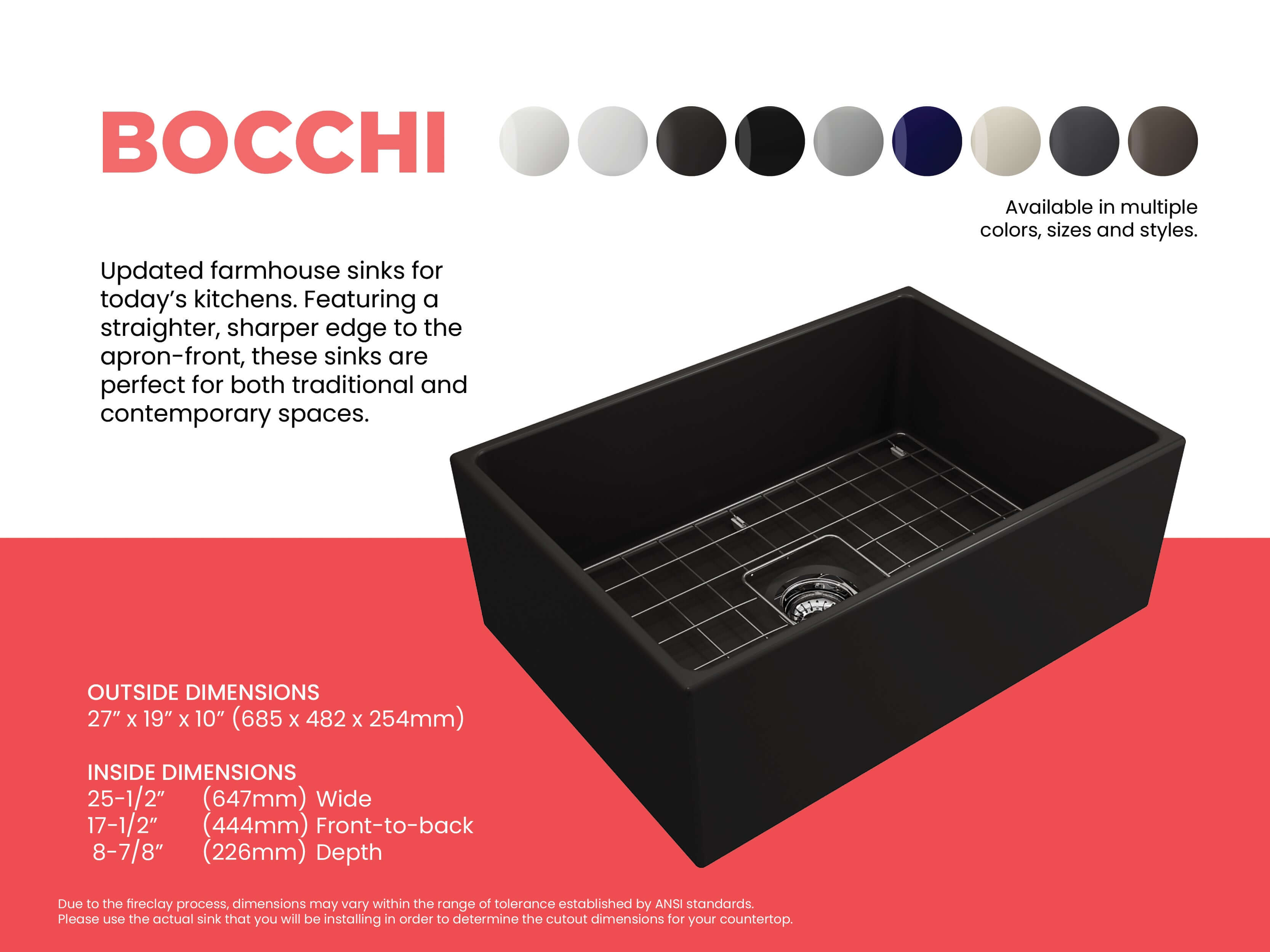 BOCCHI Contempo 27" Fireclay Farmhouse Sink Kit with Faucet and Accessories, Matte Black (sink) / Matte Black (faucet), 1356-004-2020MB