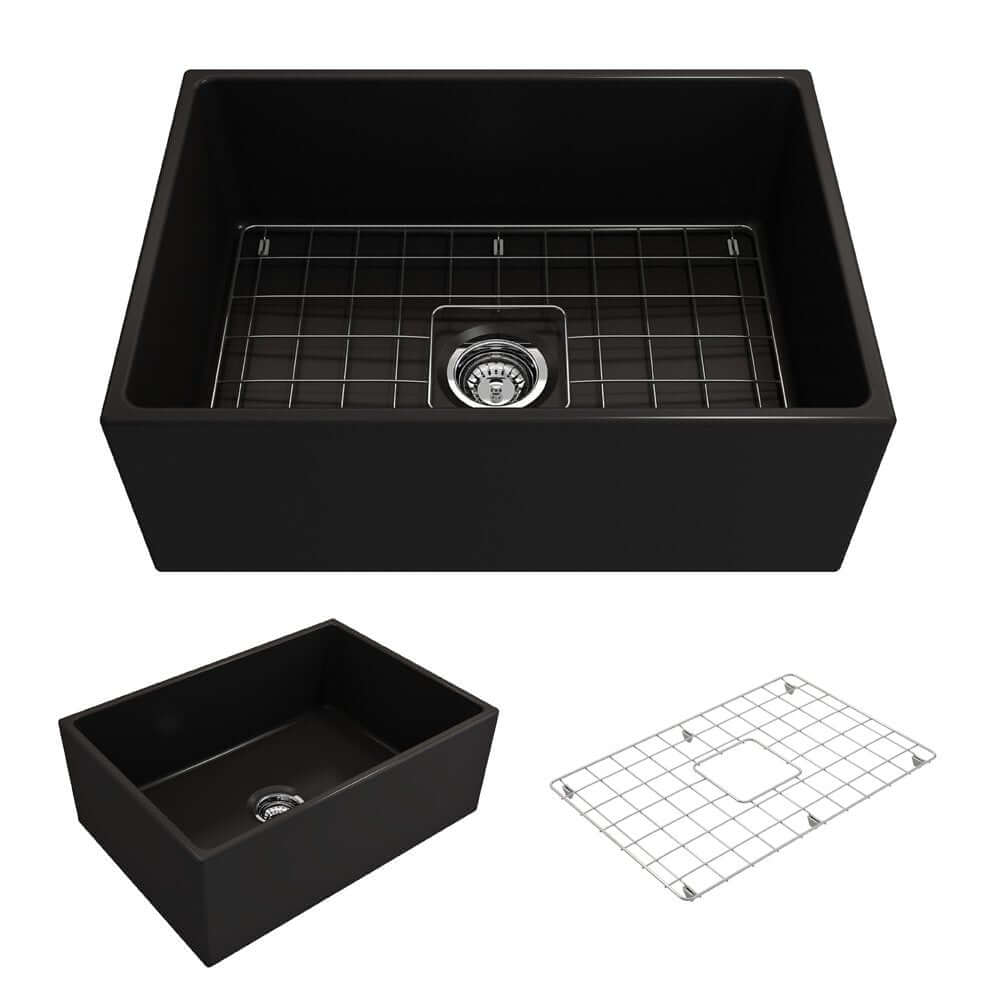 BOCCHI Contempo 27" Fireclay Farmhouse Sink Kit with Faucet and Accessories, Matte Black (sink) / Matte Black (faucet), 1356-004-2020MB