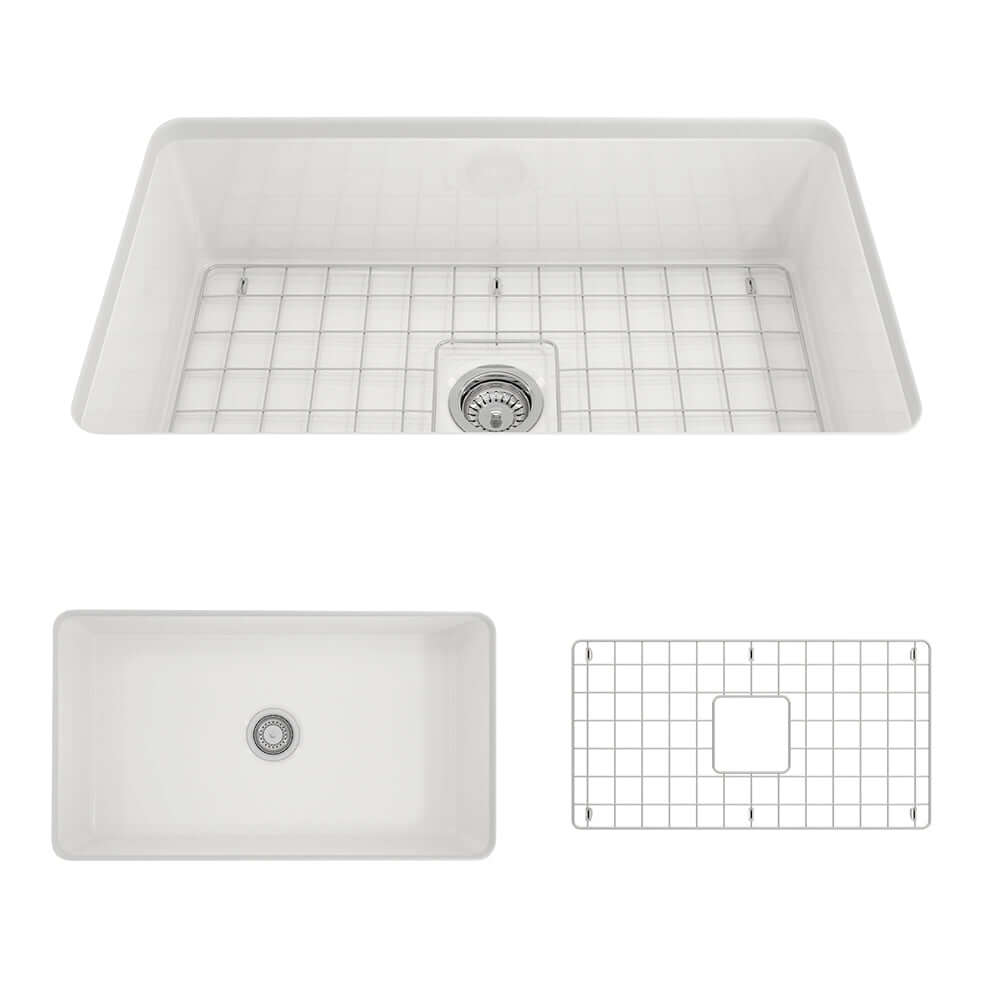 BOCCHI Sotto 32" Dual Mount Fireclay Workstation Kitchen Sink Kit with Accessories, White, 1362-001-KIT1