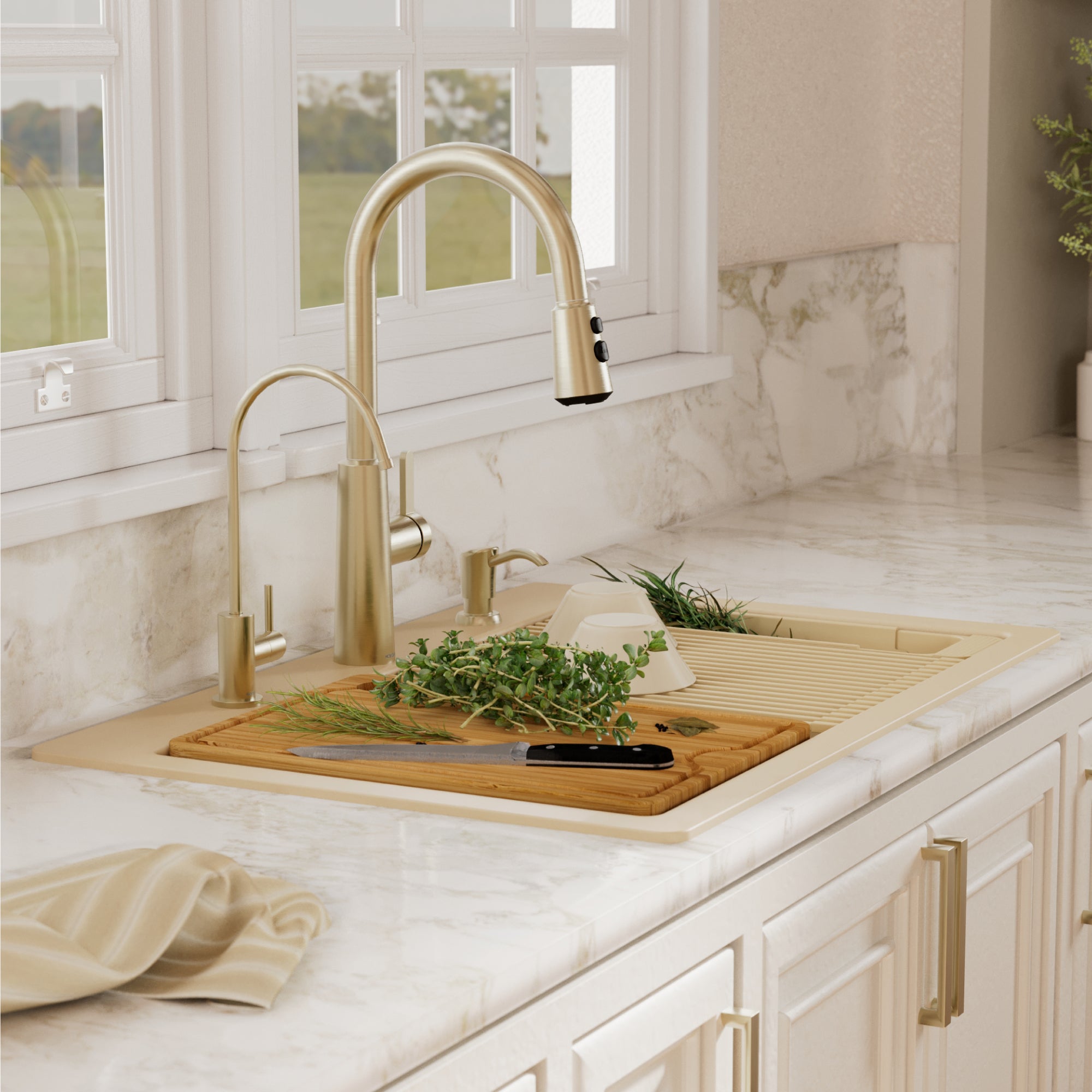 Karran 33 quartz composite workstation kitchen sink 50/50 double bowl bisque lifestyle image