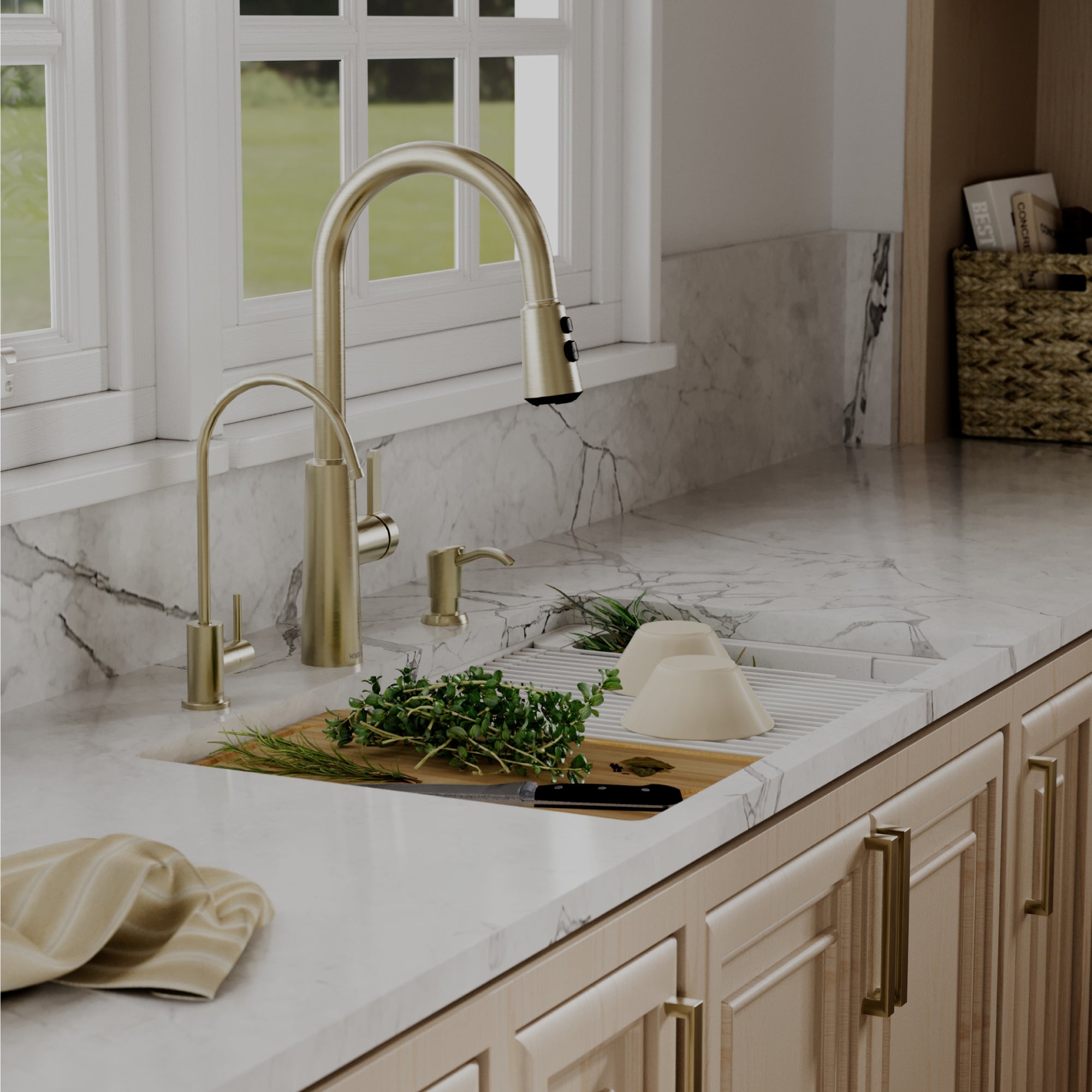 Karran 32 quartz composite workstation kitchen sink 50/50 double bowl white lifestyle image