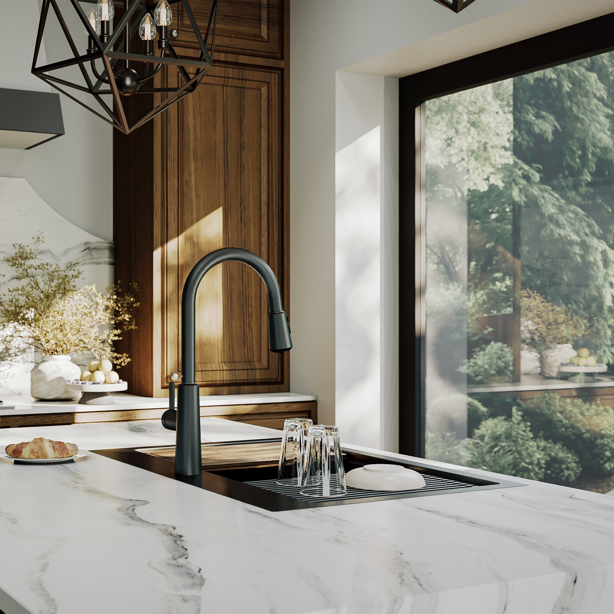 Karran elite workstation 33 stainless steel kitchen sink 50/50 double bowl gunmetal black lifestyle image