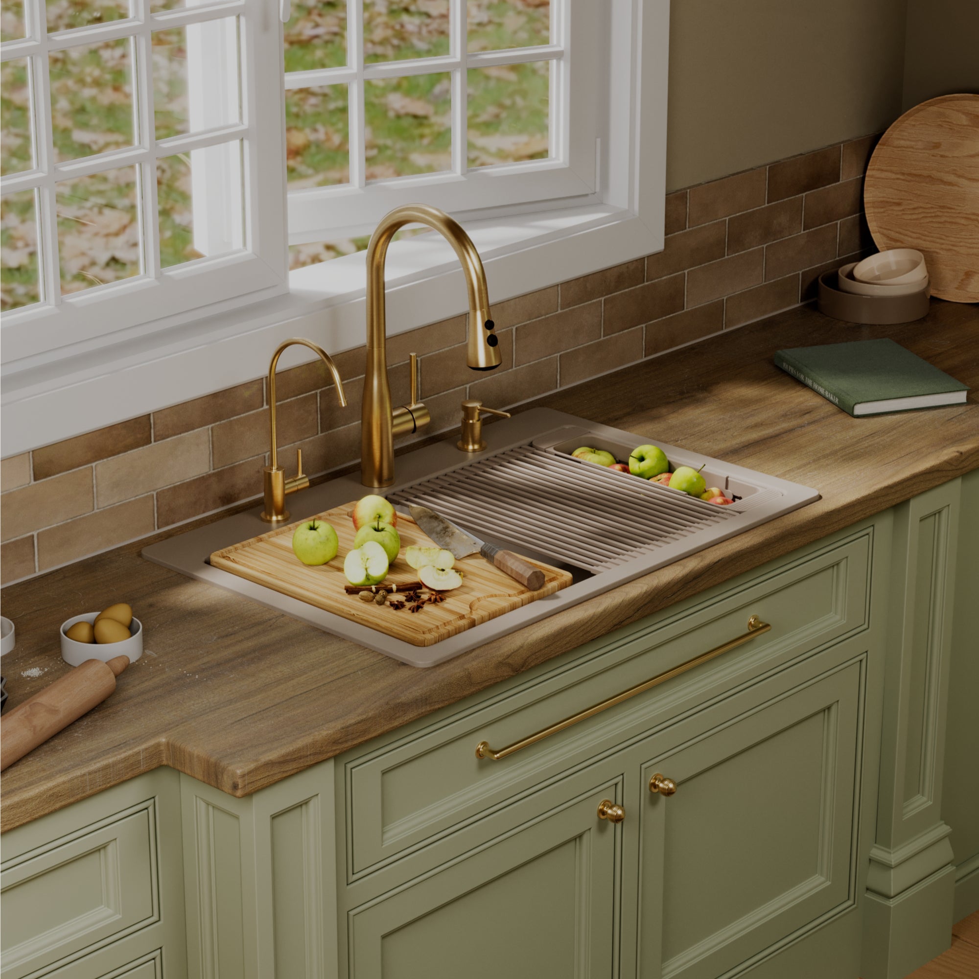 Karran 33 quartz composite workstation kitchen sink concrete lifestyle image