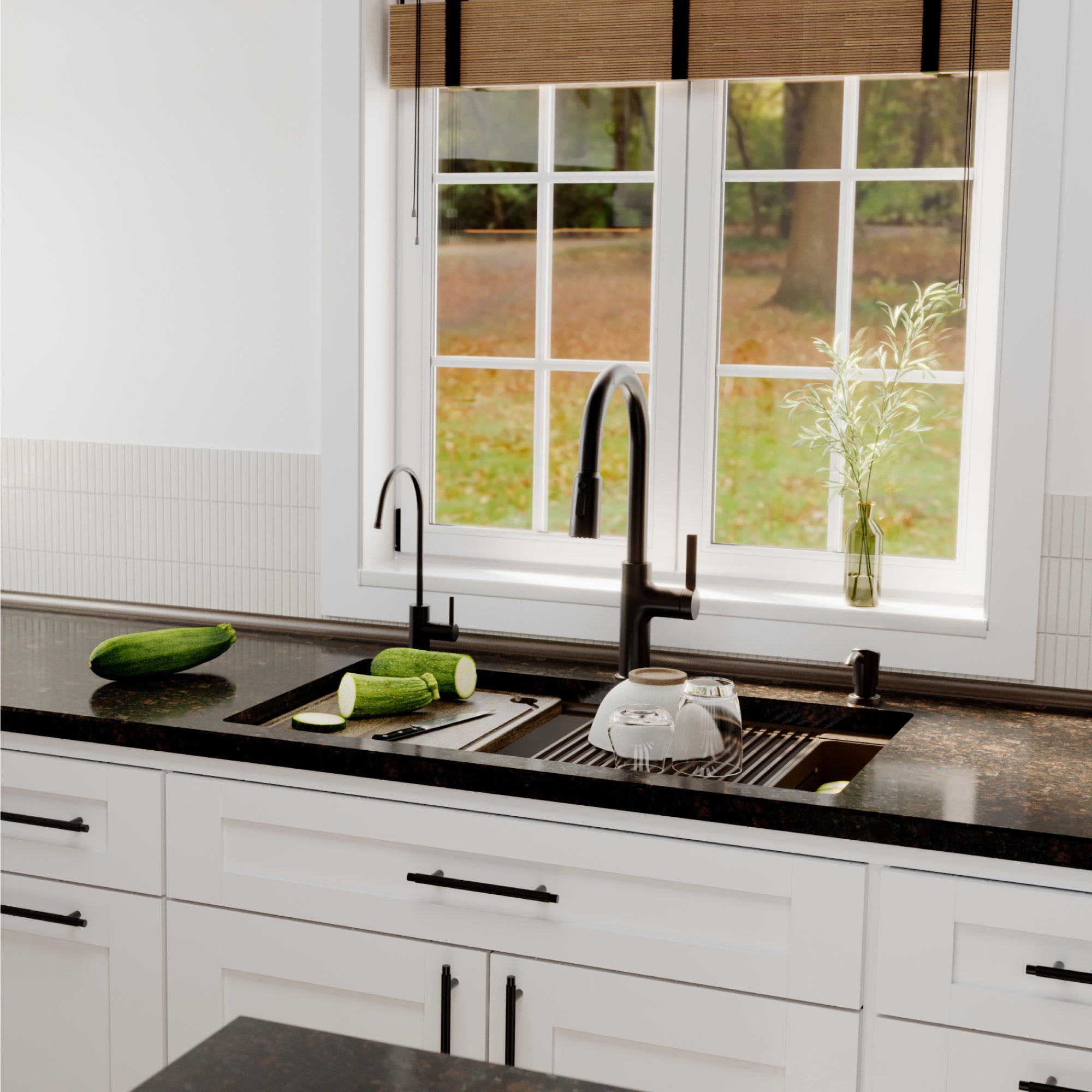 Karran 32 quartz composite workstation kitchen sink 50/50 double bowl brown lifestyle image