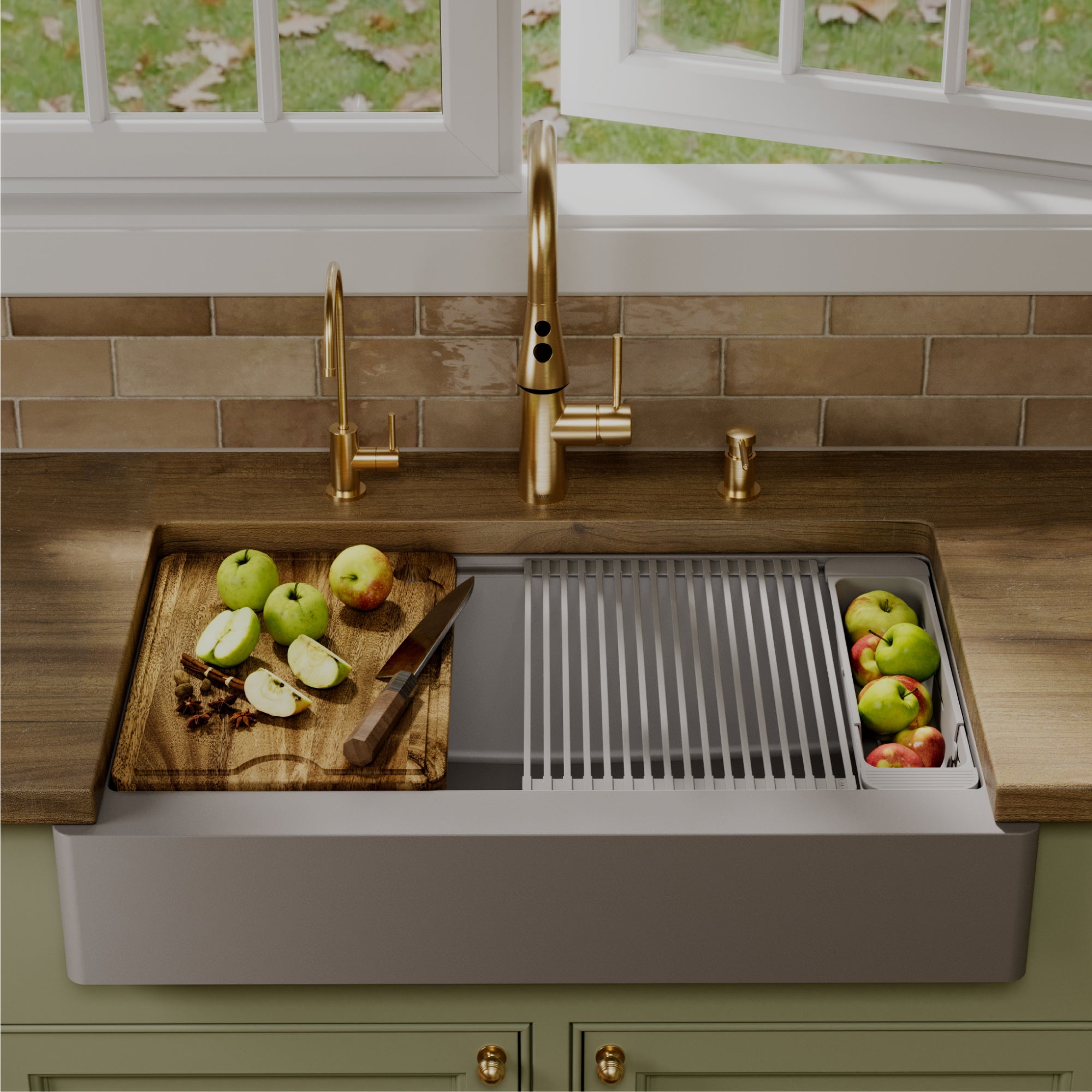 Karran 34 quartz composite retrofit workstation farmhouse sink grey lifestyle image