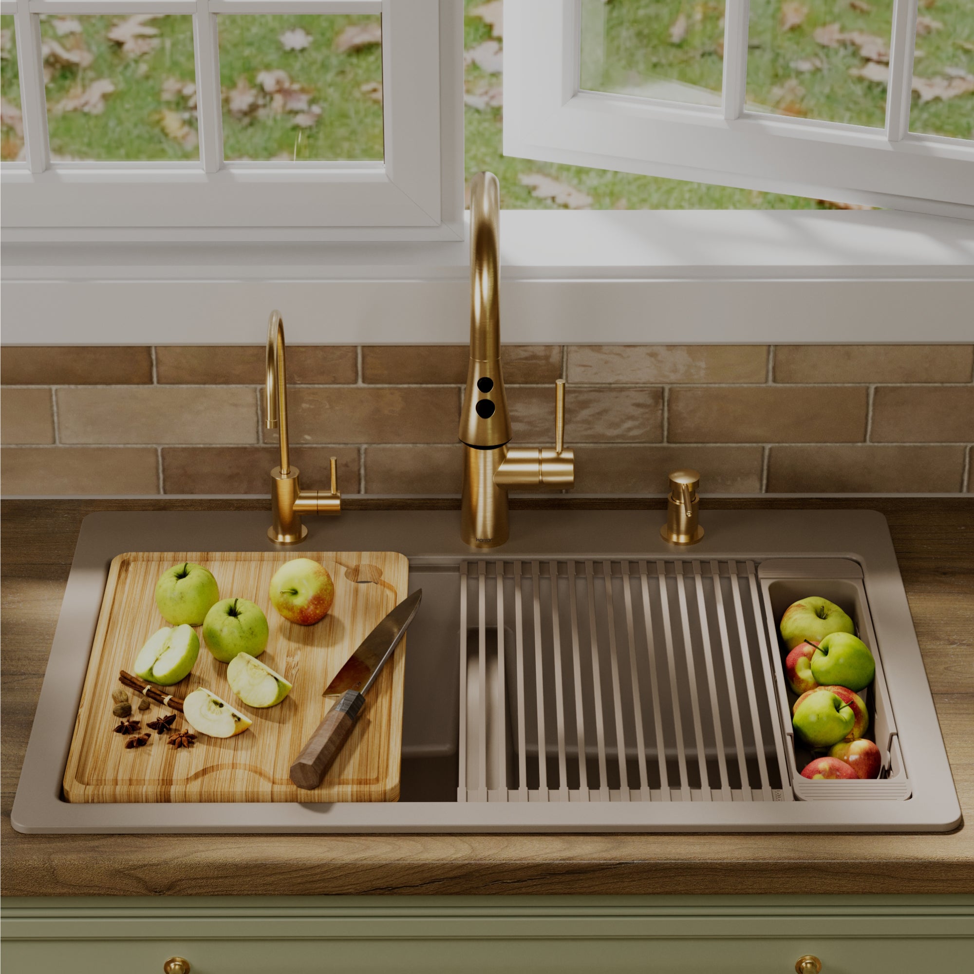 Karran 33 quartz composite workstation kitchen sink 50/50 double bowl concrete lifestyle image