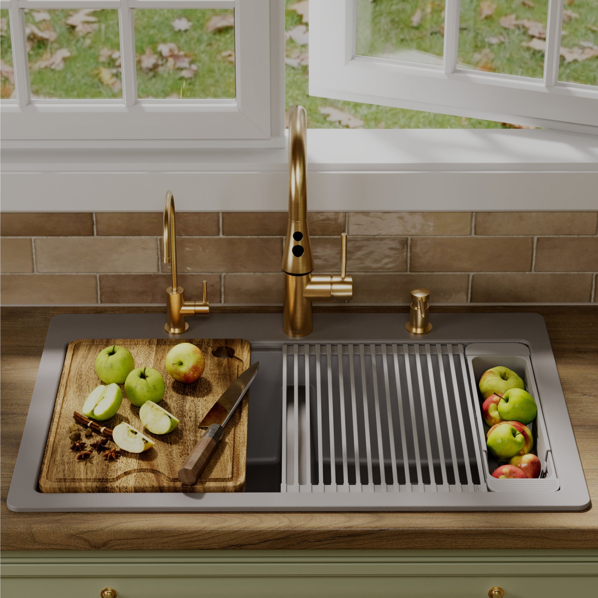 Karran 33 quartz composite workstation kitchen sink 50/50 double bowl grey lifestyle image