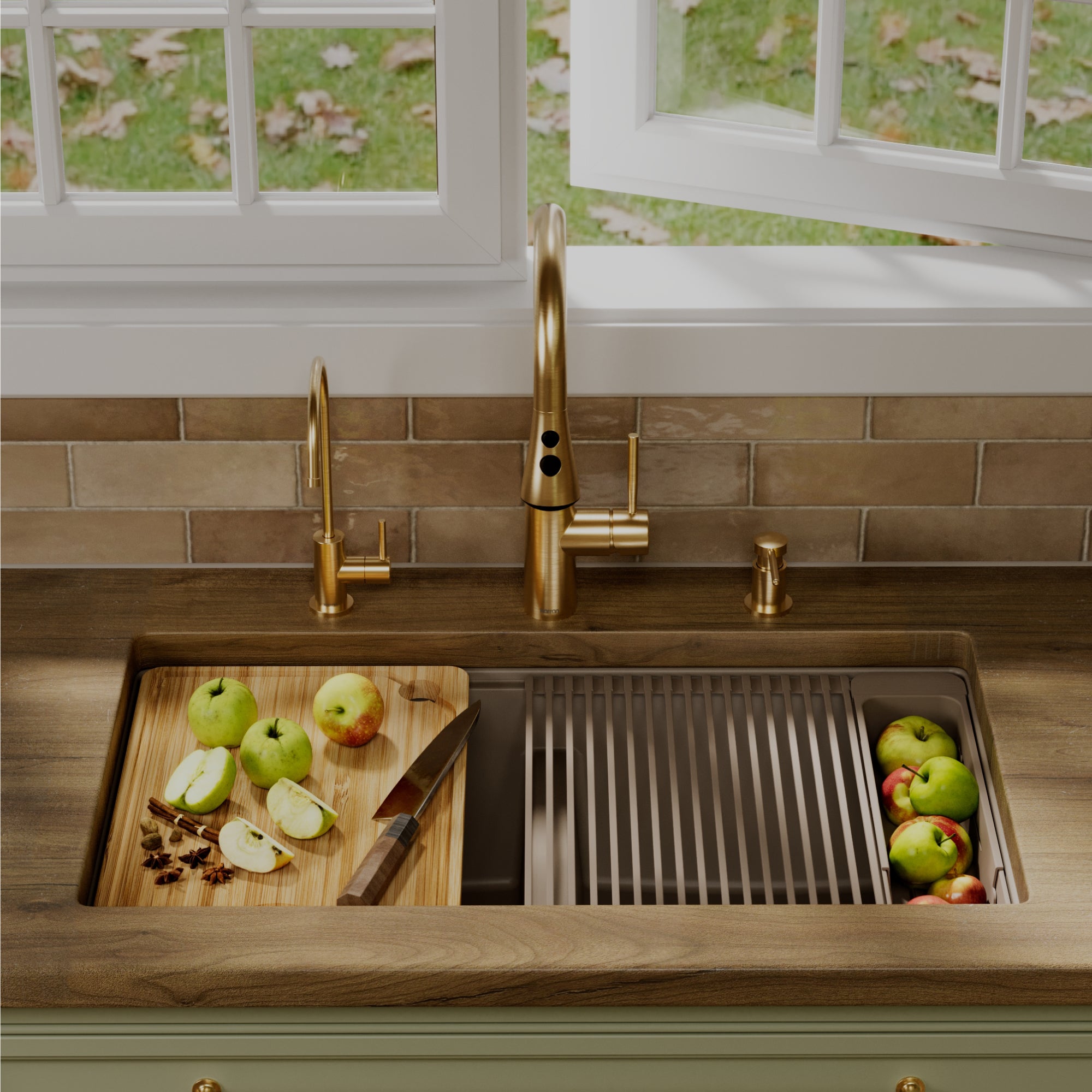 Karran 32 quartz composite workstation kitchen sink 50/50 double bowl concrete lifestyle image