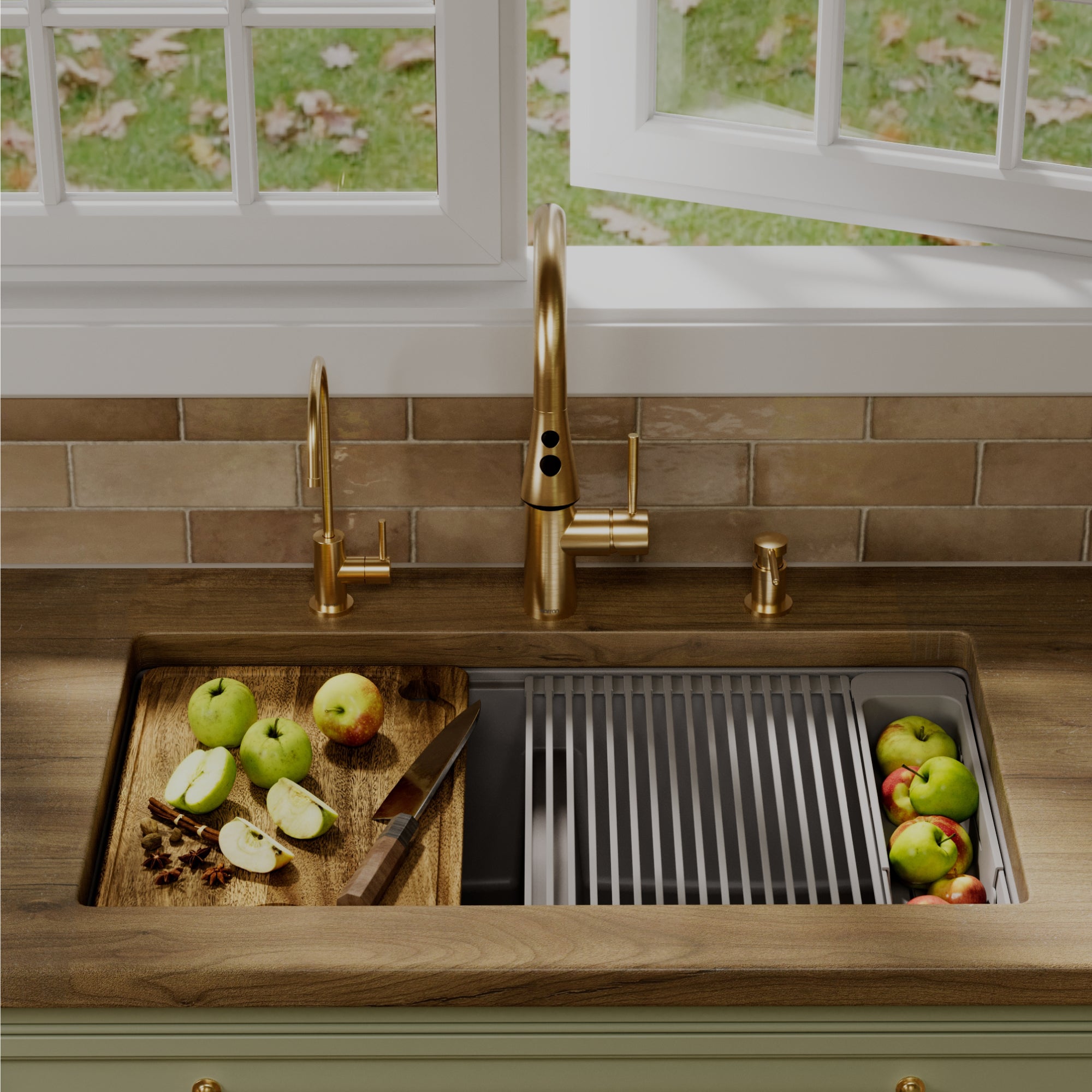 Karran 32 quartz composite workstation kitchen sink 50/50 double bowl grey lifestyle image