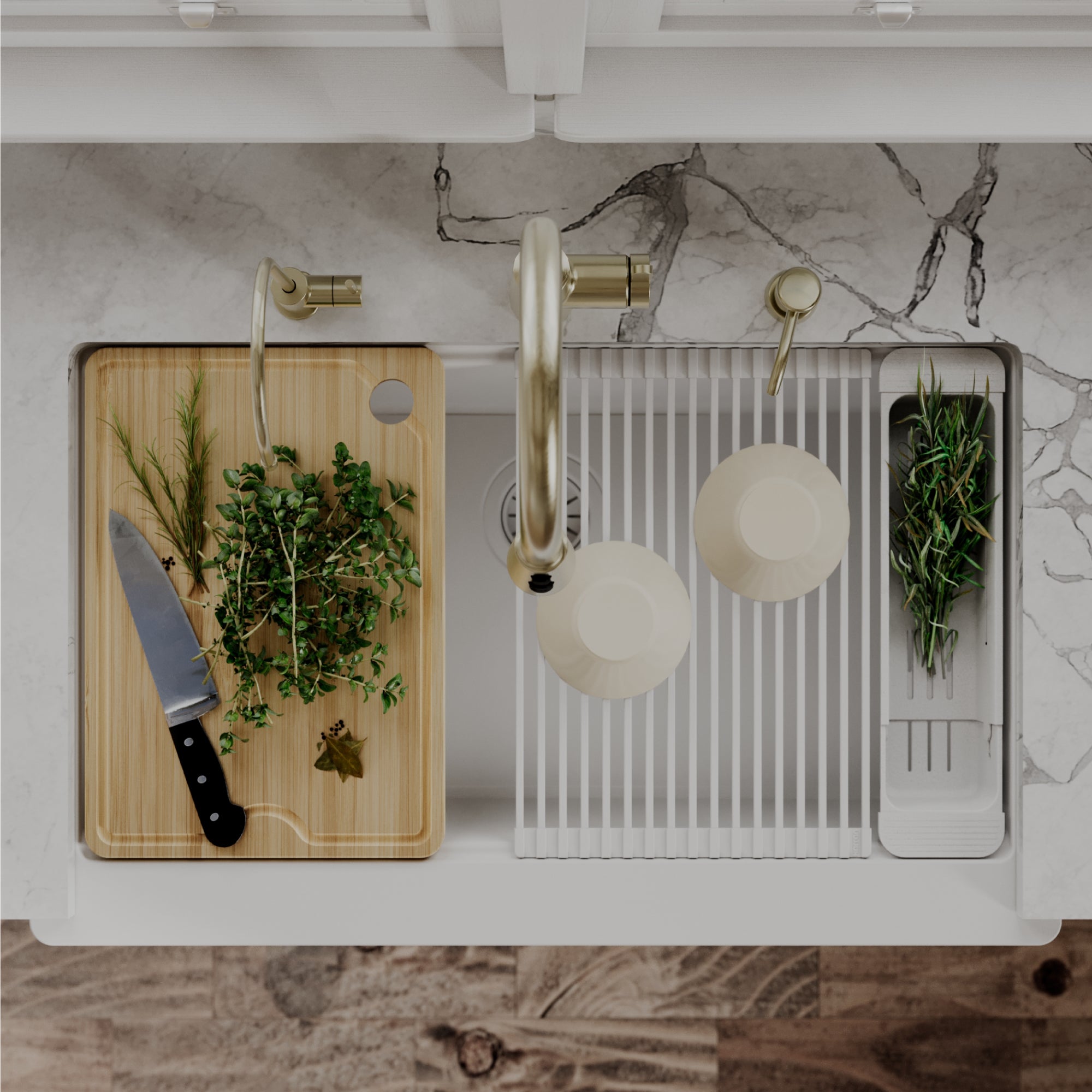 Karran 34 quartz composite retrofit workstation farmhouse sink white lifestyle image