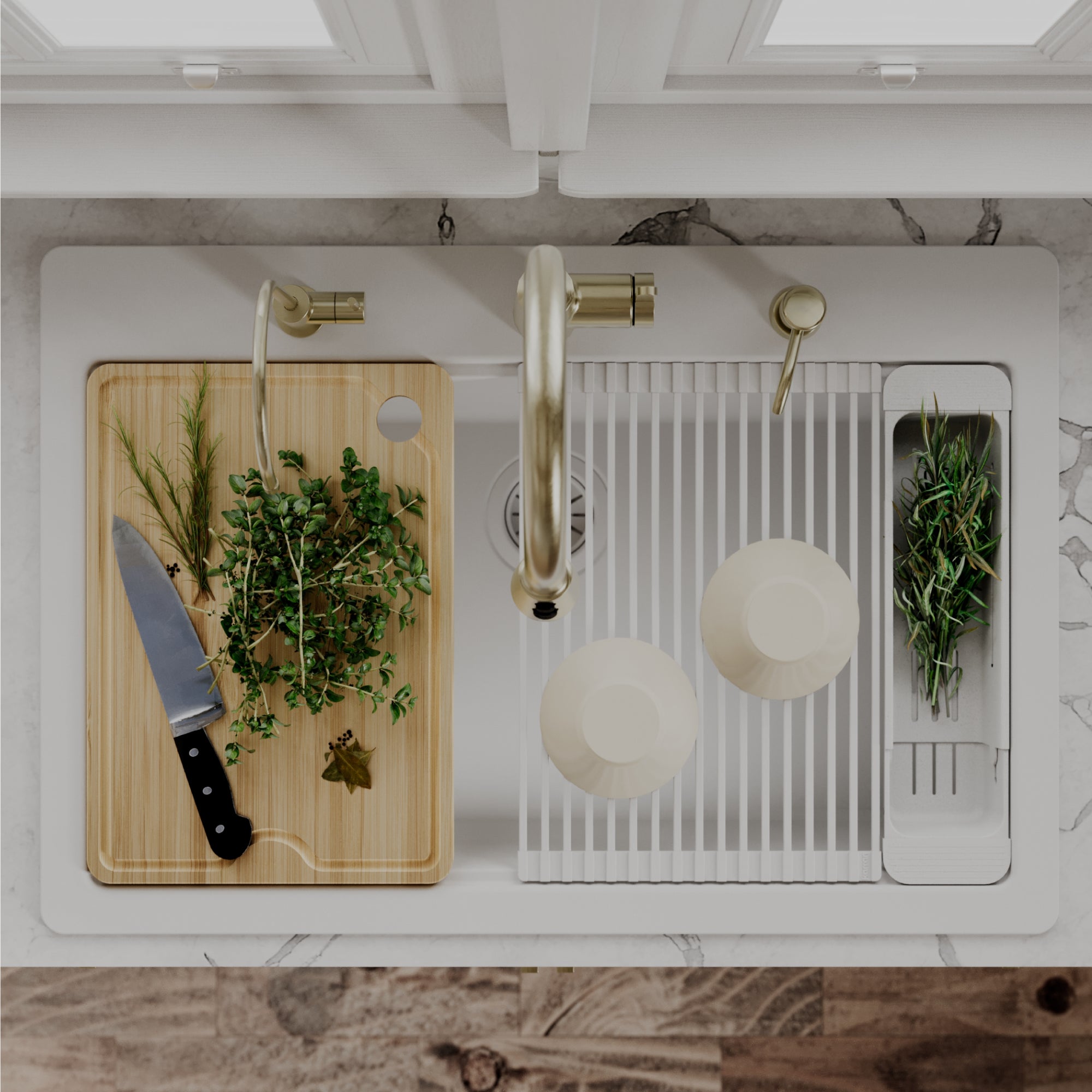 Karran 33 quartz composite workstation kitchen sink white lifestyle image