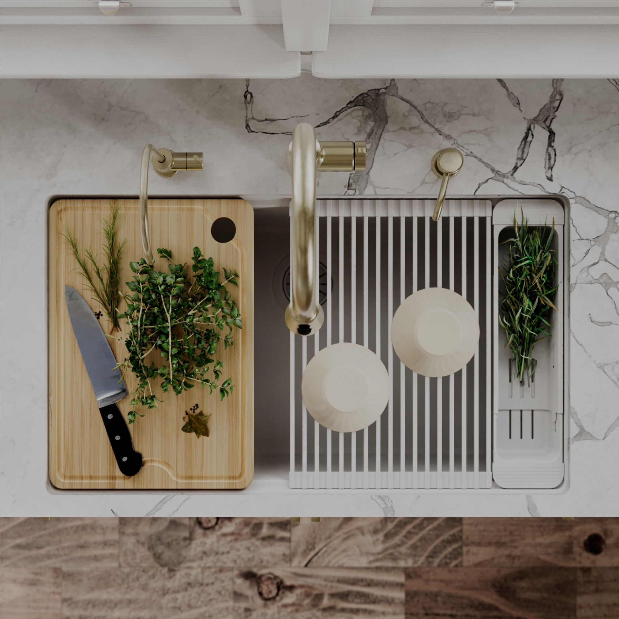 Karran 32 quartz composite workstation kitchen sink white lifestyle image