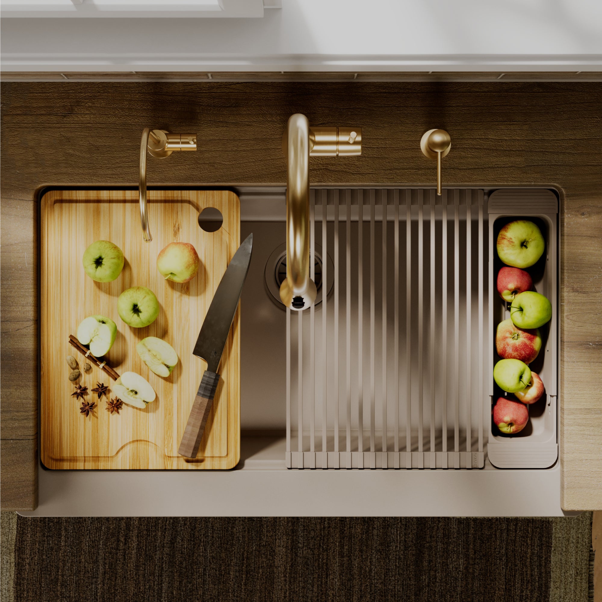 Karran 34 quartz composite retrofit workstation farmhouse sink concrete lifestyle image