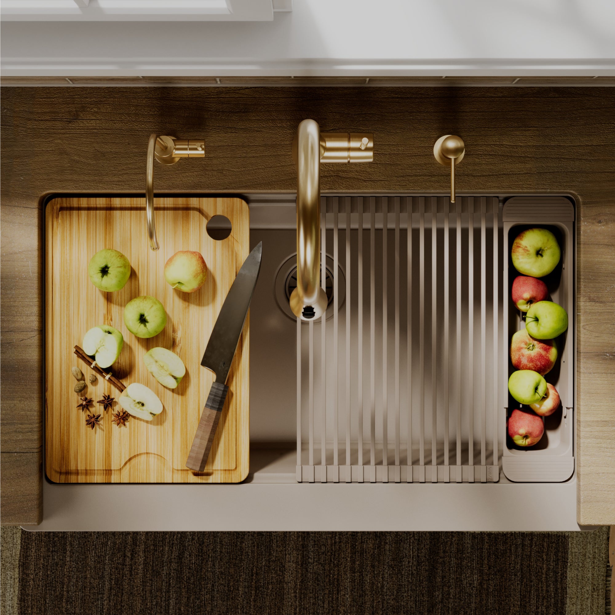 Karran 34 quartz composite workstation farmhouse sink concrete lifestyle image