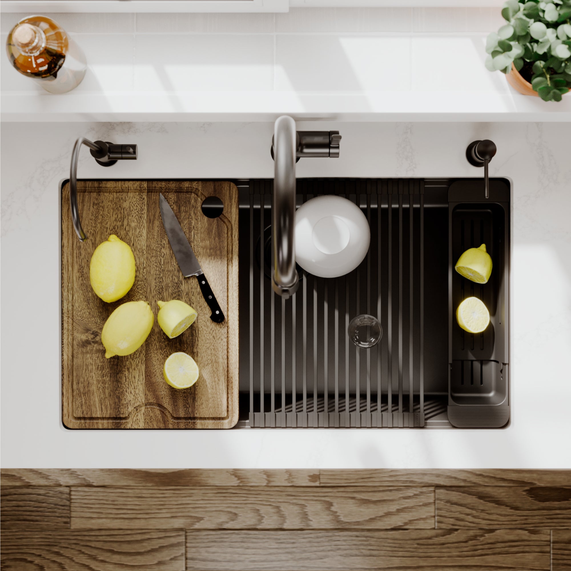 Karran 32 quartz composite workstation kitchen sink black lifestyle image