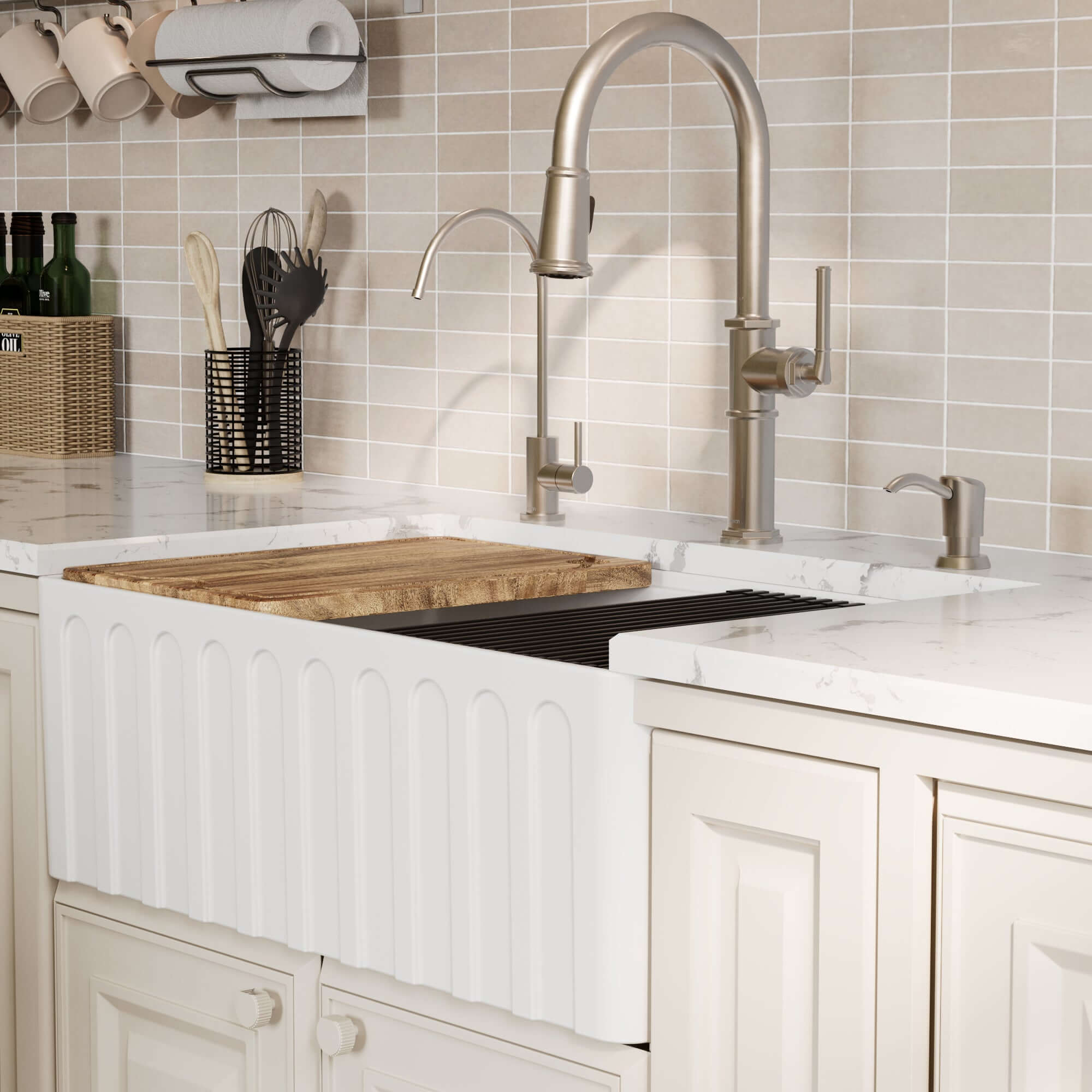 Alternative View of Karran Fireclay 30" Fireclay Workstation Farmhouse Sink with Accessories, White, FCWSF30SBWH-PK1