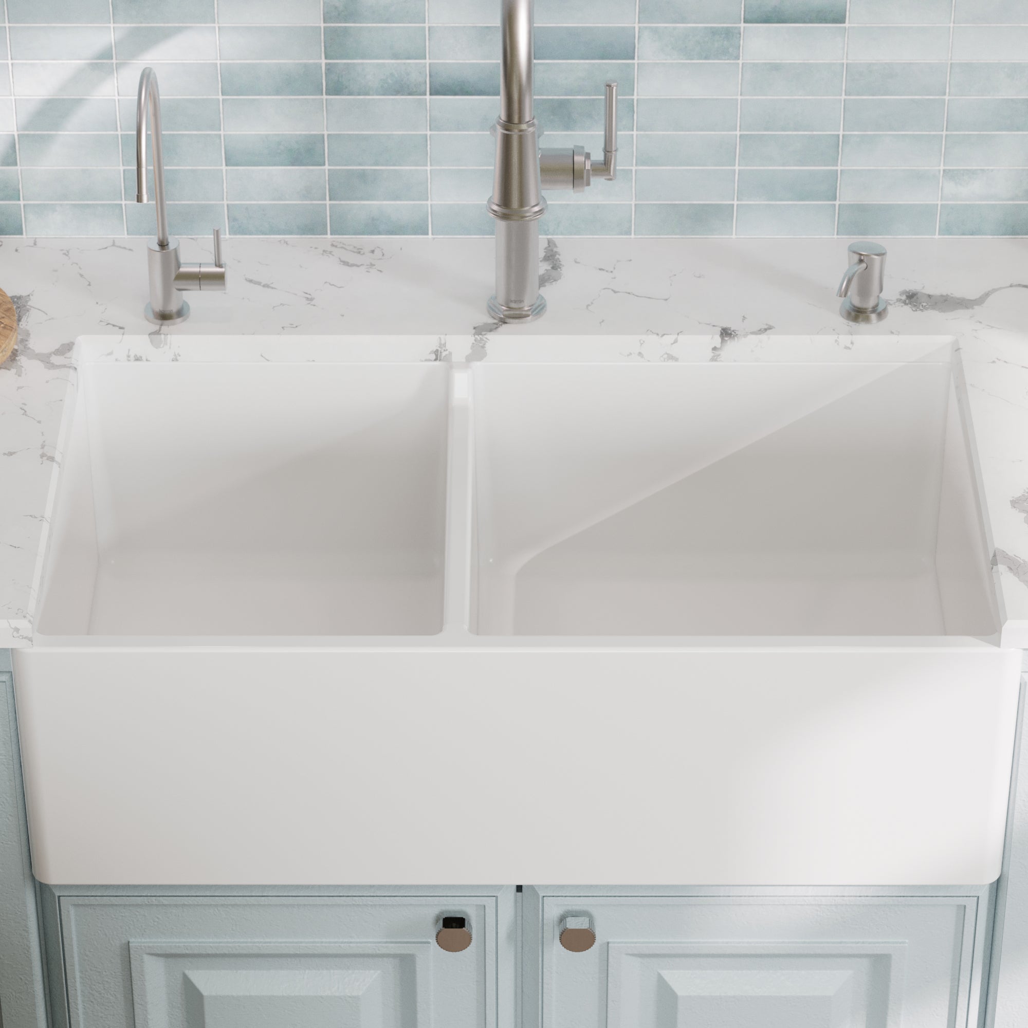 Alternative View of Karran Fireclay 33" Fireclay Farmhouse Sink with Accessories, 60/40 Double Bowl, White, FCP33DBWH
