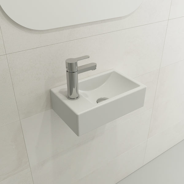 BOCCHI Milano Small 15" Rectangle Wallmount Fireclay Bathroom Sink, Matte White, Single Faucet Hole, 1418-002-0126