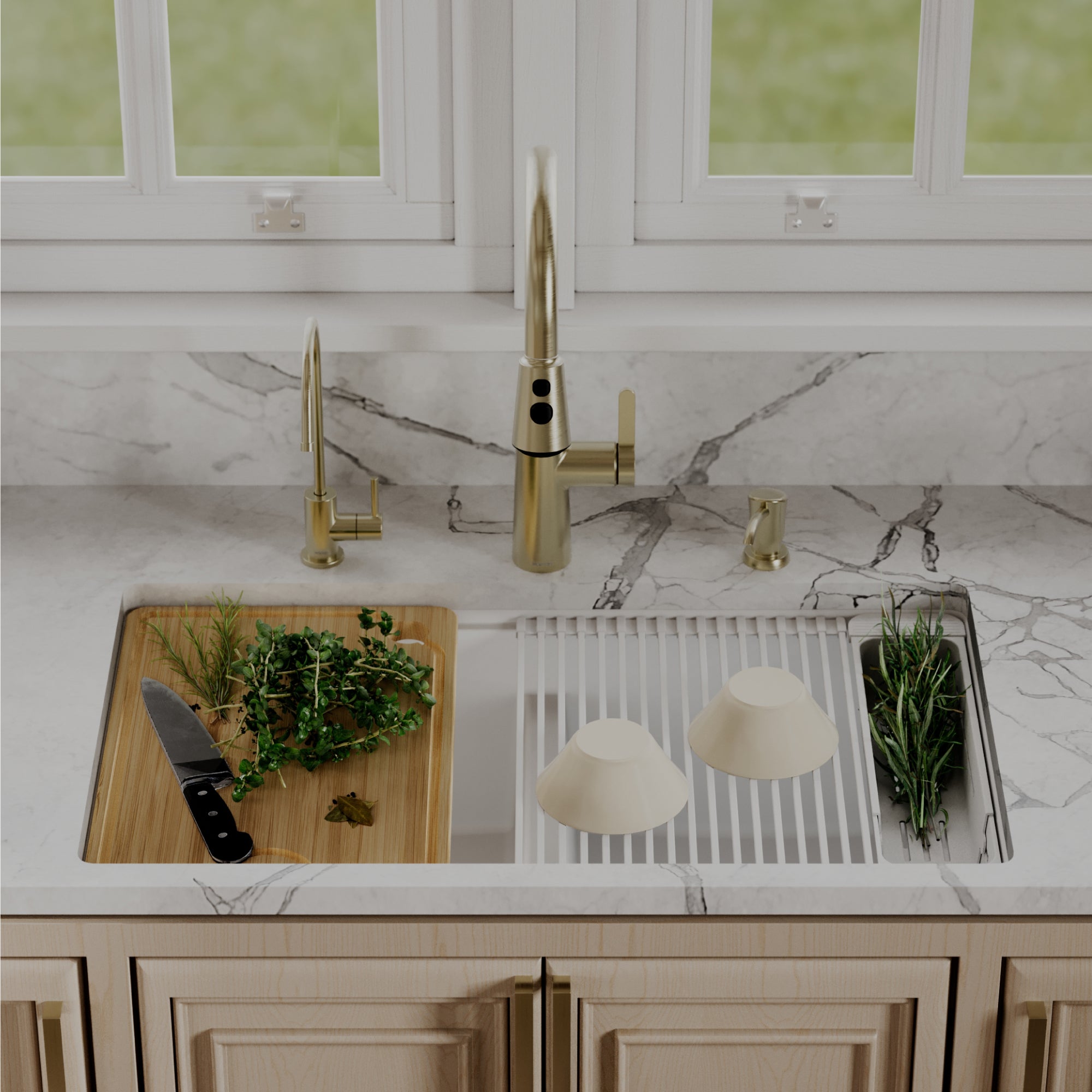 Karran 32 quartz composite workstation kitchen sink 50/50 double bowl white lifestyle image