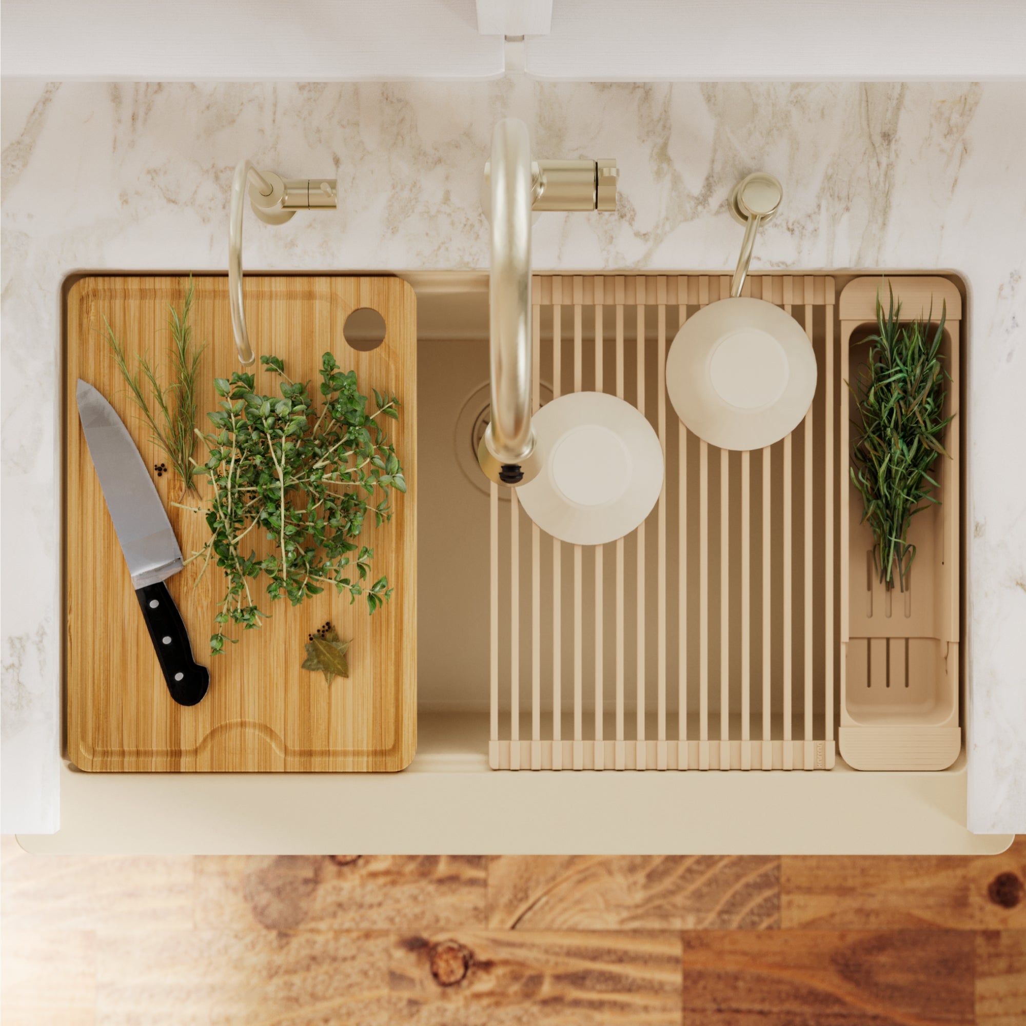 Karran 34 quartz composite workstation farmhouse sink bisque lifestyle image