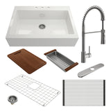 BOCCHI Nuova 34" Fireclay Farmhouse Sink Kit with Faucet and Accessories, White (sink) / Stainless Steel (faucet), 1500-001-2020SS