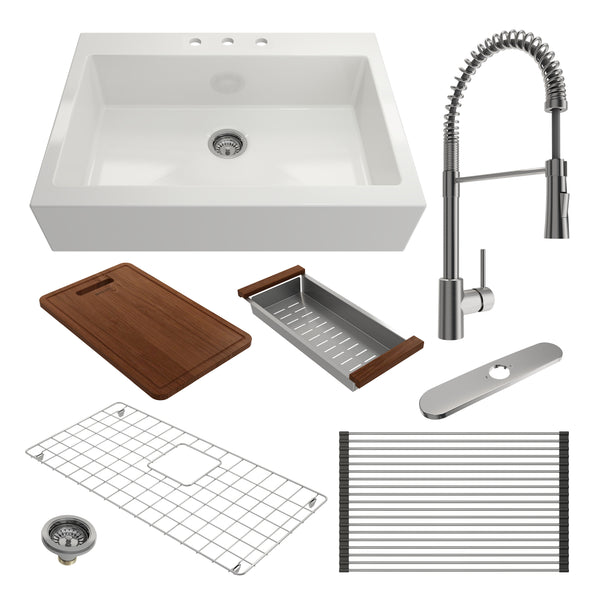 BOCCHI Nuova 34" Fireclay Farmhouse Sink Kit with Faucet and Accessories, White (sink) / Stainless Steel (faucet), 1500-001-2020SS