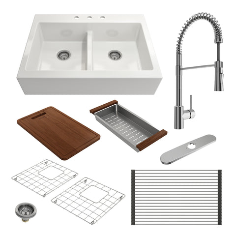 BOCCHI Nuova 34" Fireclay Farmhouse Sink Kit with Faucet and Accessories, 50/50 Double Bowl, White (sink) / Chrome (faucet), 1501-001-2020CH