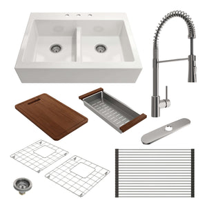 Alternate Image for BOCCHI Nuova 34" Fireclay Farmhouse Sink Kit with Faucet and Accessories, 50/50 Double Bowl, White (sink) / Stainless Steel (faucet), 1501-001-2020SS