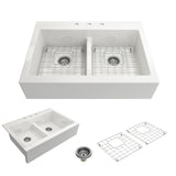 BOCCHI Nuova 34" Fireclay Farmhouse Sink Kit with Faucet and Accessories, 50/50 Double Bowl, White (sink) / Chrome (faucet), 1501-001-2020CH