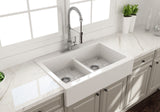 BOCCHI Nuova 34" Fireclay Farmhouse Sink Kit with Faucet and Accessories, 50/50 Double Bowl, White (sink) / Stainless Steel (faucet), 1501-001-2020SS