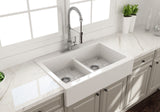 BOCCHI Nuova 34" Fireclay Farmhouse Sink Kit with Faucet and Accessories, 50/50 Double Bowl, White (sink) / Chrome (faucet), 1501-001-2020CH