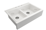 BOCCHI Nuova 34" Fireclay Farmhouse Sink Kit with Faucet and Accessories, 50/50 Double Bowl, White (sink) / Chrome (faucet), 1501-001-2020CH