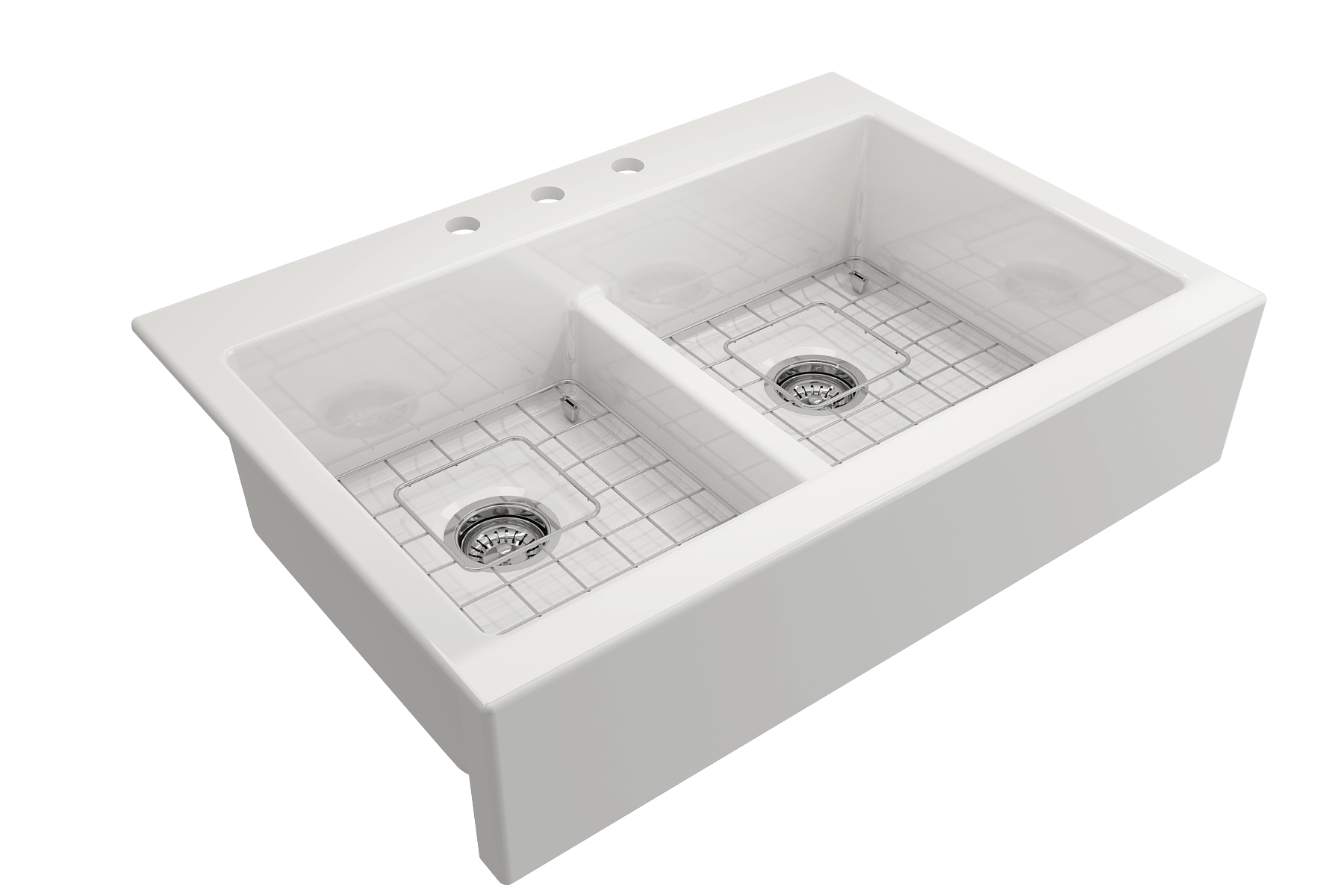 BOCCHI Nuova 34" Fireclay Farmhouse Sink Kit with Faucet and Accessories, 50/50 Double Bowl, White (sink) / Chrome (faucet), 1501-001-2020CH