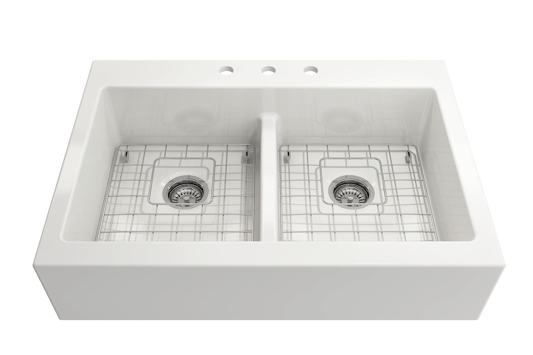 BOCCHI Nuova 34" Fireclay Farmhouse Sink Kit with Faucet and Accessories, 50/50 Double Bowl, White (sink) / Chrome (faucet), 1501-001-2020CH