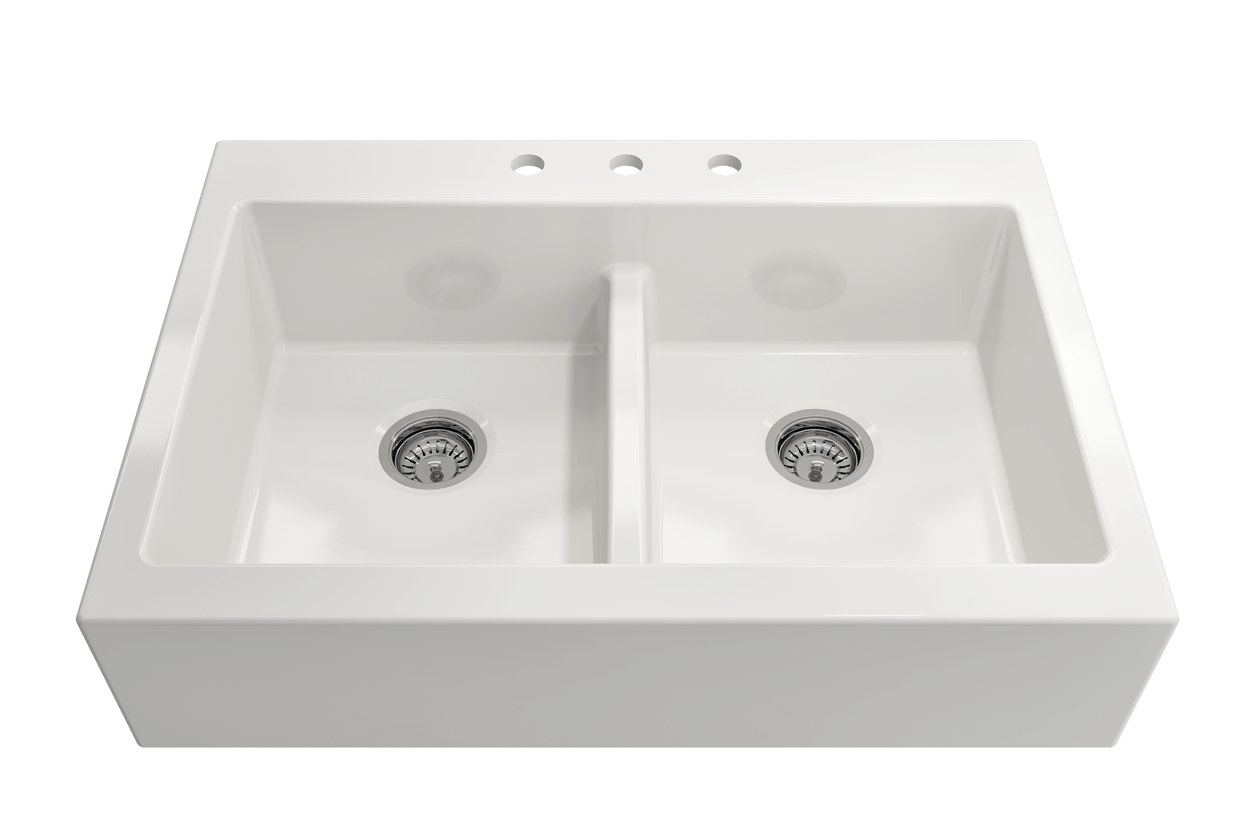 BOCCHI Nuova 34" Fireclay Farmhouse Sink Kit with Faucet and Accessories, 50/50 Double Bowl, White (sink) / Chrome (faucet), 1501-001-2020CH