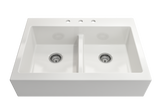 BOCCHI Nuova 34" Fireclay Farmhouse Sink Kit with Faucet and Accessories, 50/50 Double Bowl, White (sink) / Chrome (faucet), 1501-001-2020CH