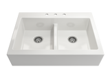 BOCCHI Nuova 34" Fireclay Farmhouse Sink Kit with Faucet and Accessories, 50/50 Double Bowl, White (sink) / Stainless Steel (faucet), 1501-001-2020SS