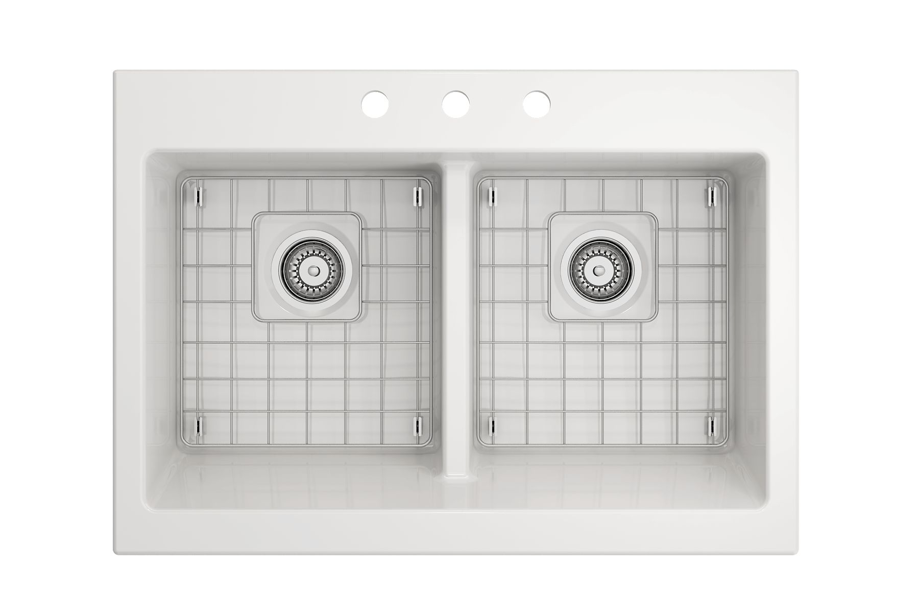 BOCCHI Nuova 34" Fireclay Farmhouse Sink Kit with Faucet and Accessories, 50/50 Double Bowl, White (sink) / Chrome (faucet), 1501-001-2020CH