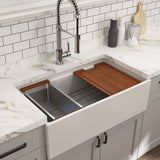 BOCCHI Contempo 33" Fireclay Workstation Farmhouse Sink Kit with Faucet and Accessories, White (sink) / Stainless Steel (faucet), 1504-001-2020SS